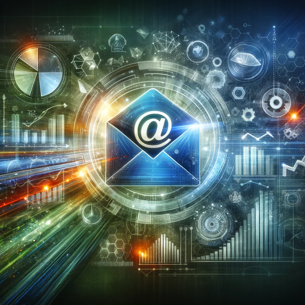 DALL·E 2023-12-16 13.35.11 - A vibrant and dynamic illustration of email marketing. The image features a large, glowing envelope symbolizing email, surrounded by digital elements