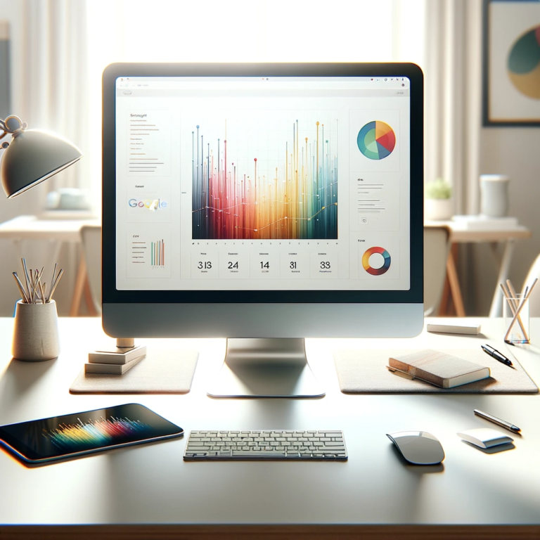 DALL·AE 2023-12-29 20.31.49 - A square-shaped, modern office scene emphasizing keyword research in digital marketing. The focus is a large, square computer screen displaying a colo