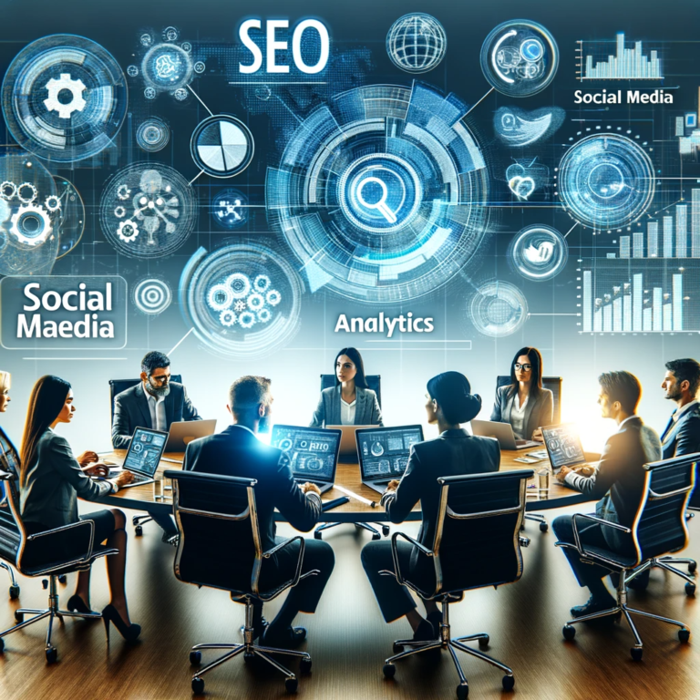 DALL·E 2023-12-29 21.01.34 - A digital marketing concept with a focus on technology and strategy. The scene includes a conference table with a small group of professionals (two or