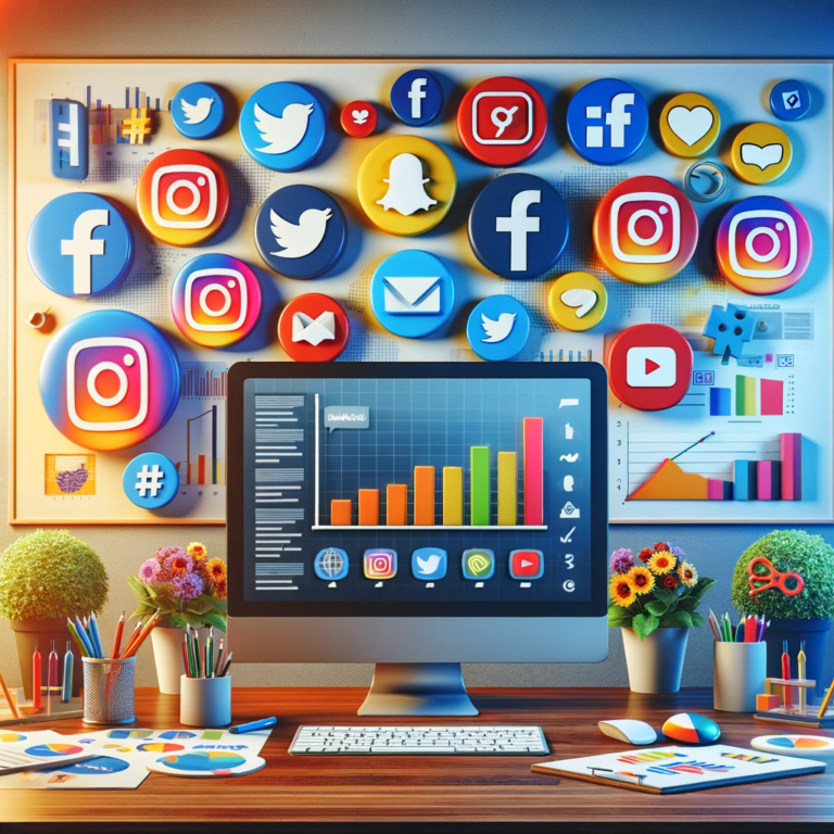DALL·E 2023-12-29 21.21.52 - A social media marketing workspace featuring prominent social media icons. The scene includes a computer desk with a monitor displaying graphs and ana
